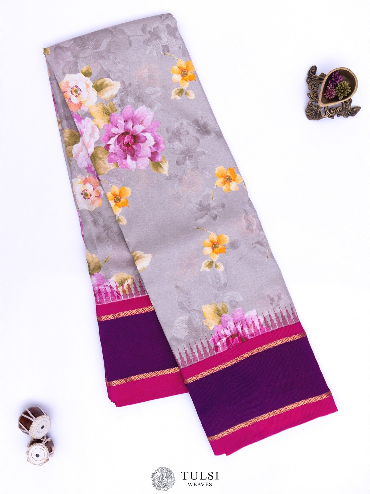 Light Grey Floral Printed Kanjeevaram Silk Saree 