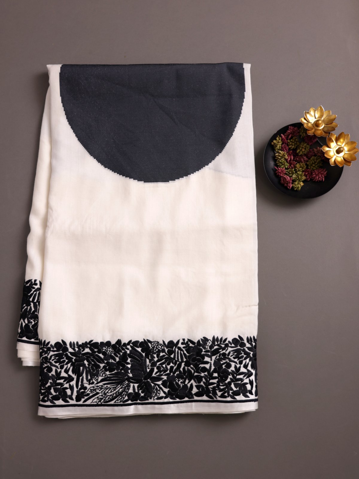 White Munga Silk Saree With Parsi Embroidered Border