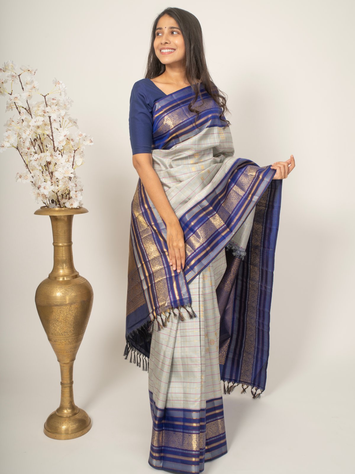Greyish Blue Kanjeevaram Silk Saree