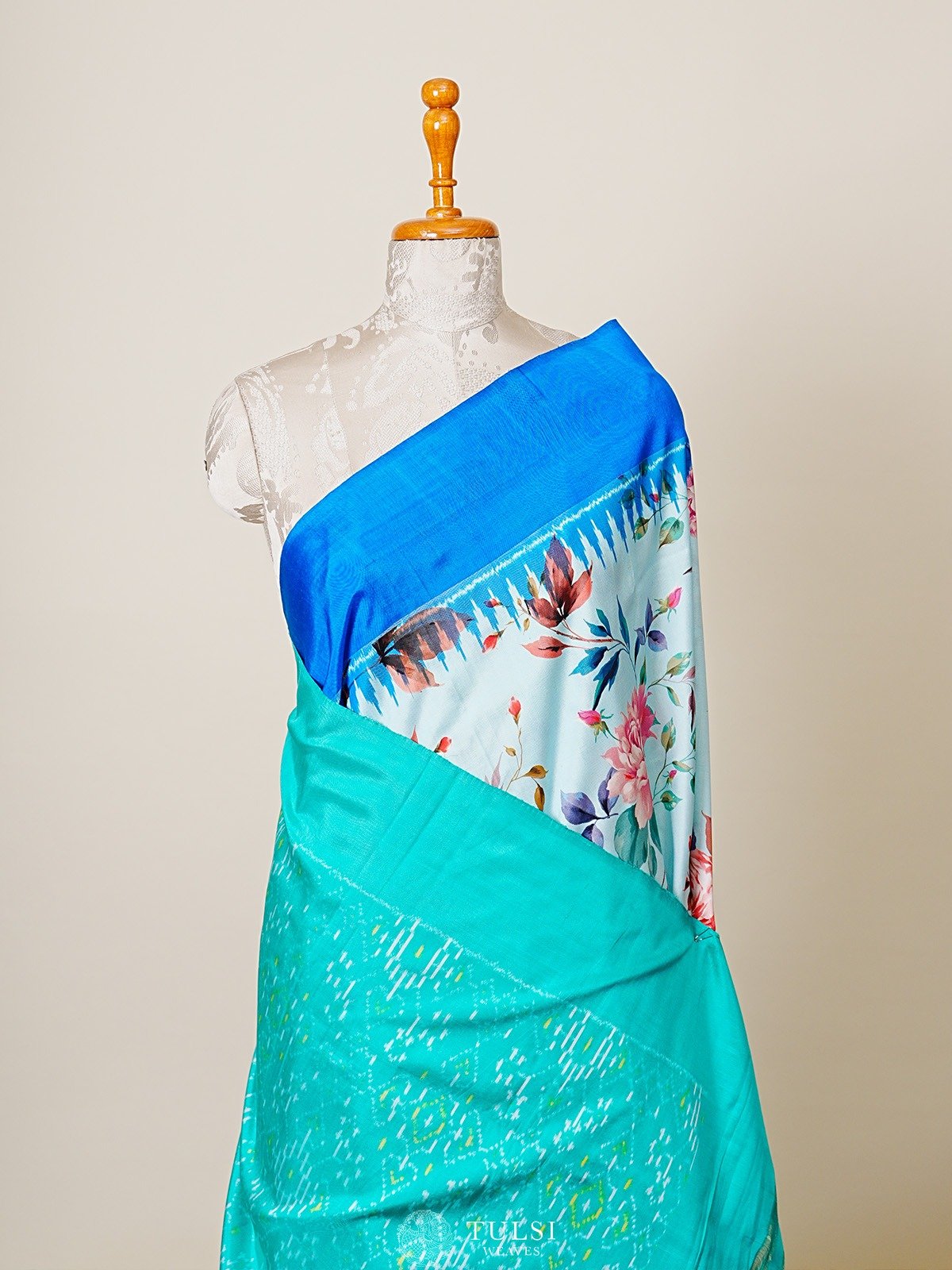Sea Green Printed Kanjeevaram Silk Saree with Ikat Ganga Jamuna Border