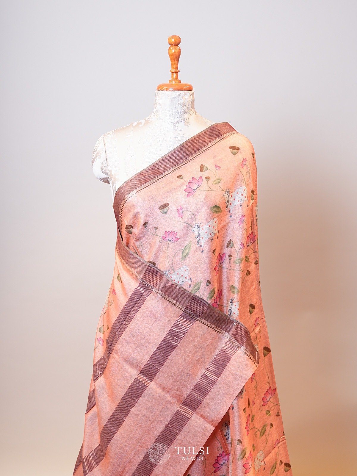 Peach Printed Tussar Silk Saree