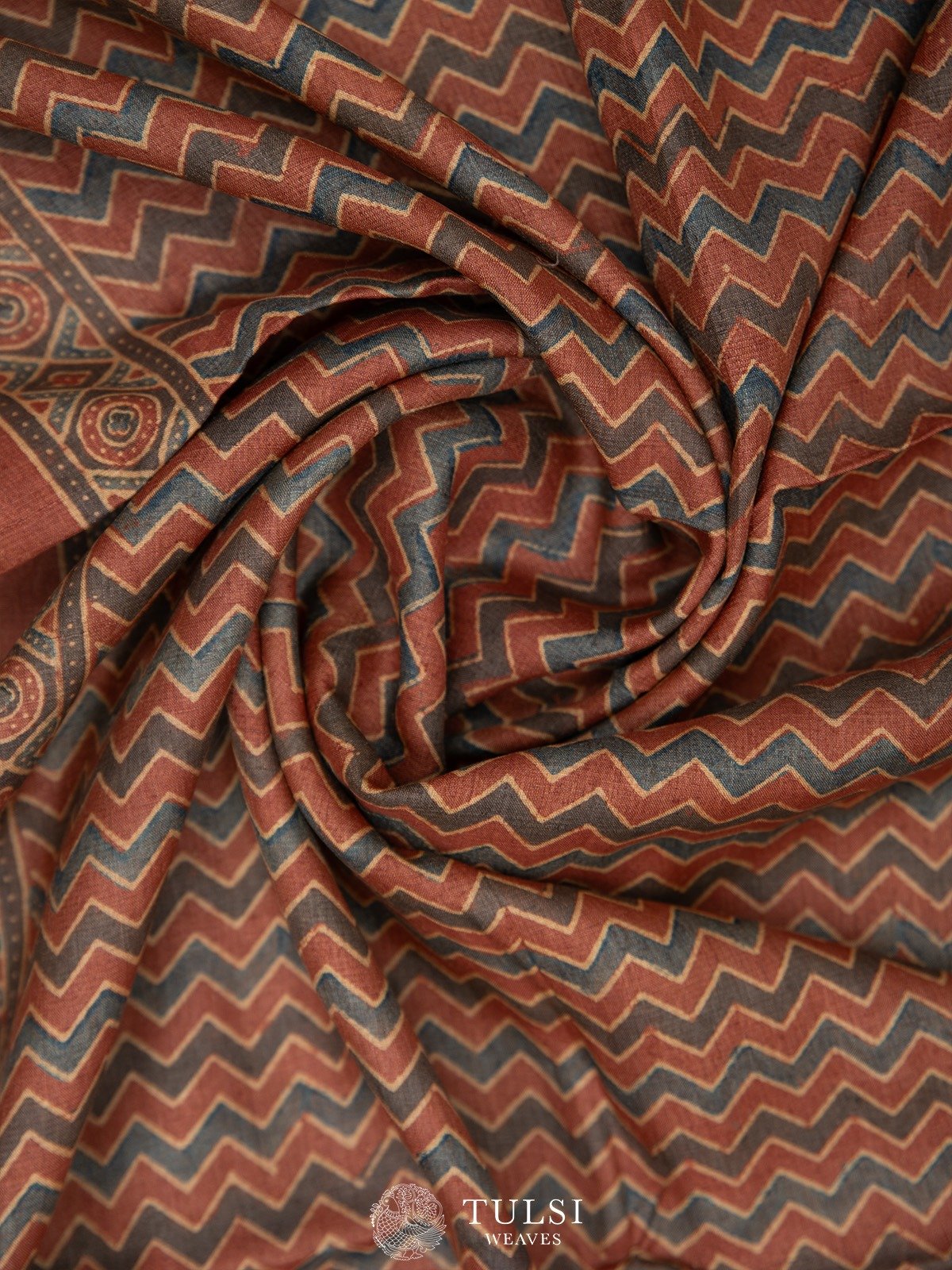 Rust Tussar Silk Saree with Printed Ajrakh