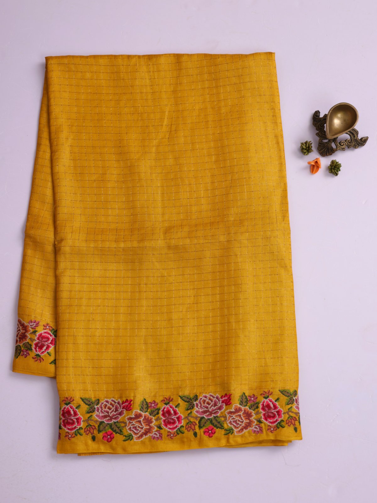 Mustard Yellow Zari Checked Tussar Silk Saree With Cross-Stitch Embroidery