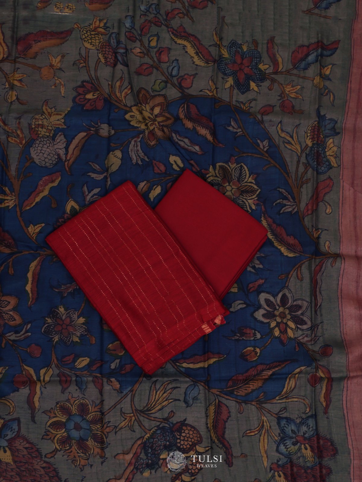 Red Tussar Salwar Material With Kalamkari Dupatta