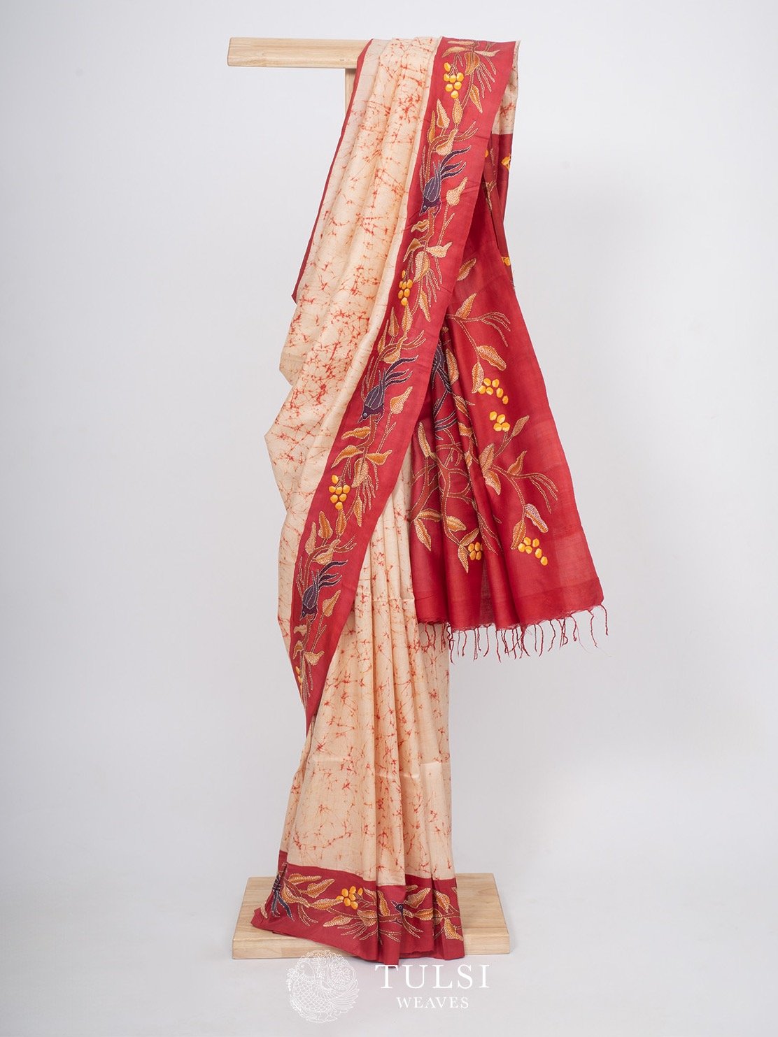 Off-White Kantha Hand Embroidery Saree