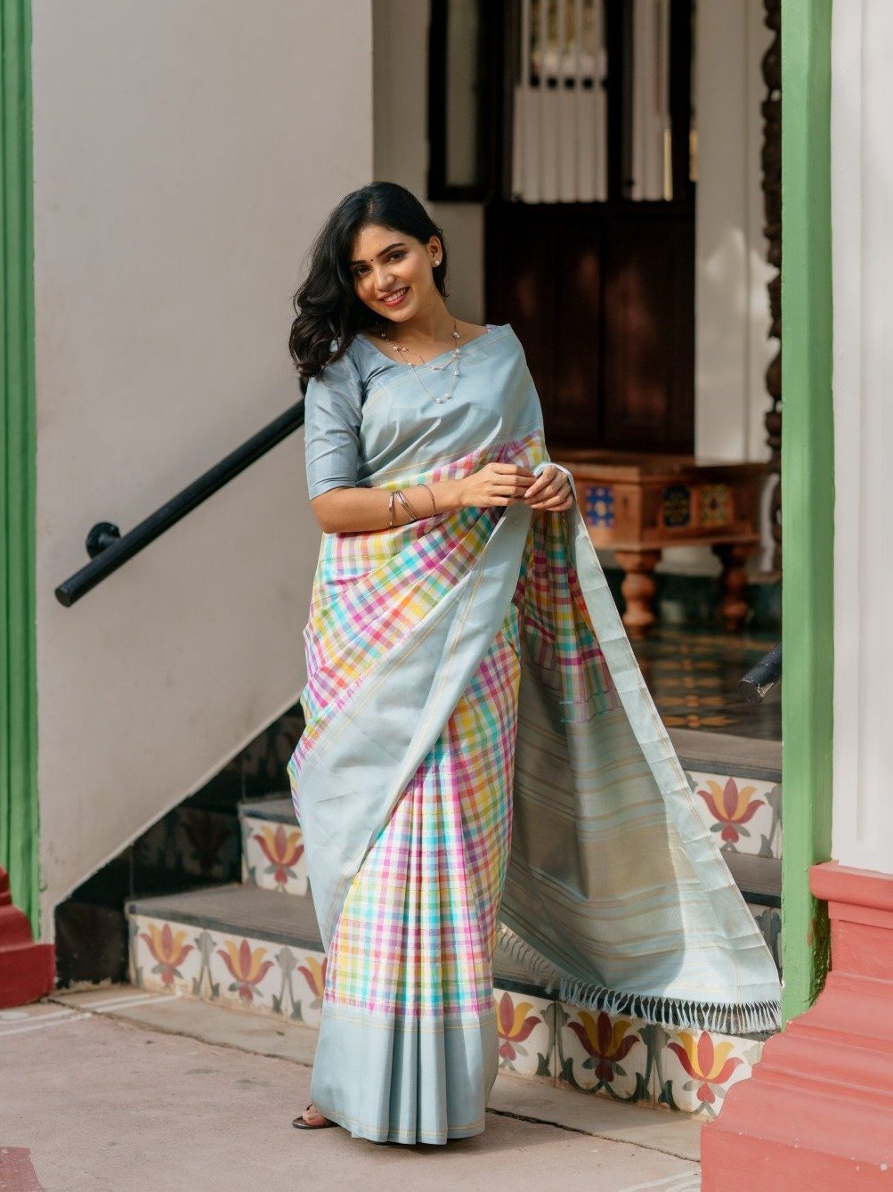  Multi-Colour Checked Kanjeevaram Silk Saree With Grey Border