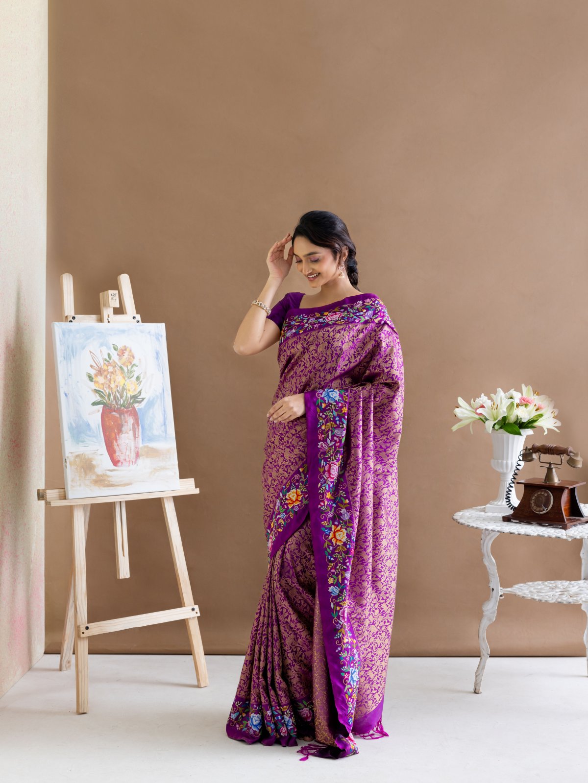 Purple Petit Point Kanjeevaram Silk Saree