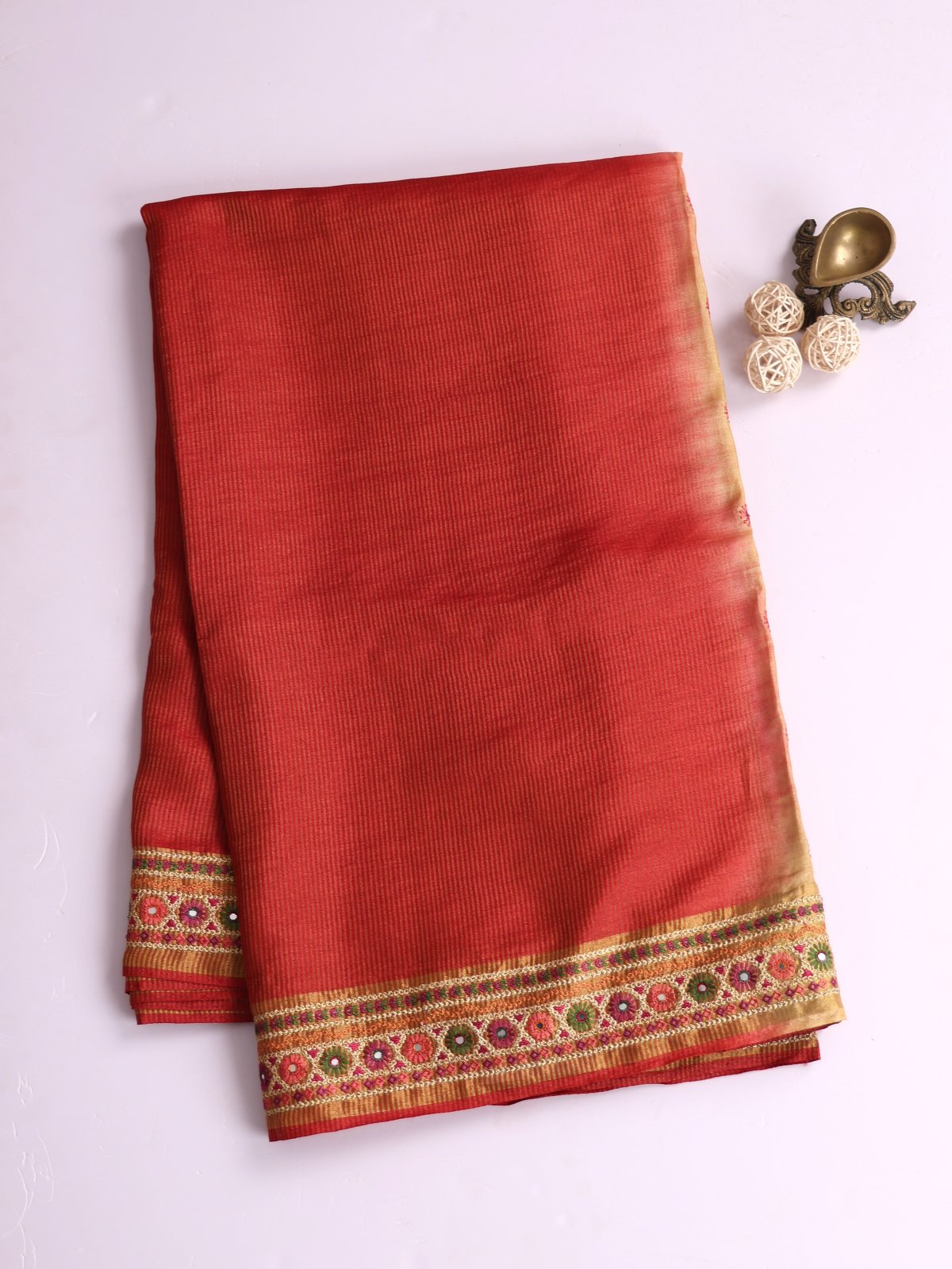 Red Zari Striped Tussar Silk Saree With Embroidered Border 