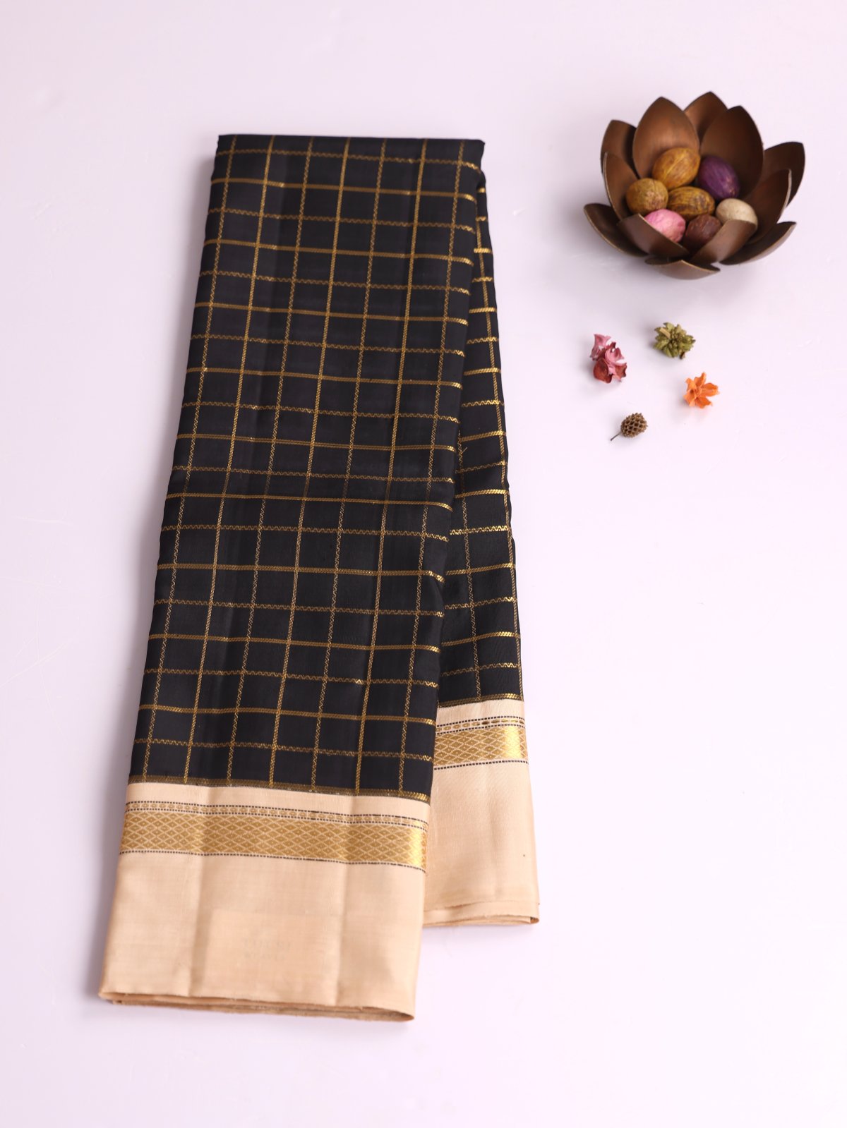 Black Zari Checked Kanjeevaram Silk Saree with Beige Border
