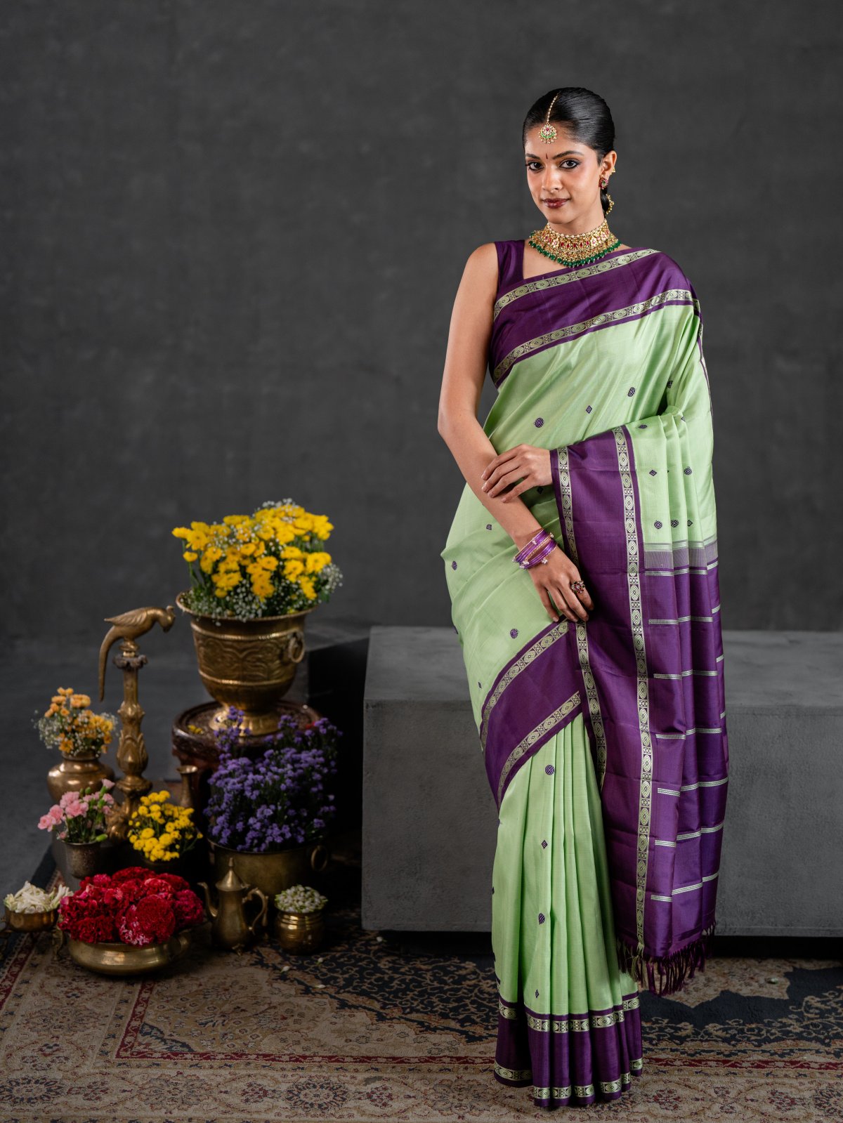 Crafted 37 - Light Green Kanjeevaram Silk Saree With Dark Purple Border