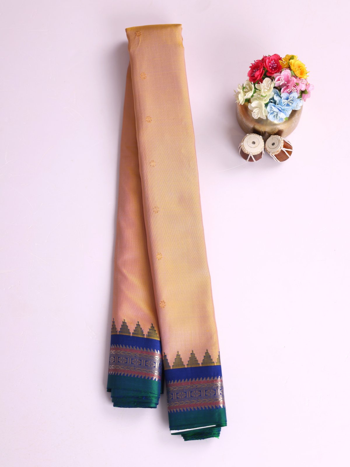 Peach Gadwal Silk Saree With Blue Border