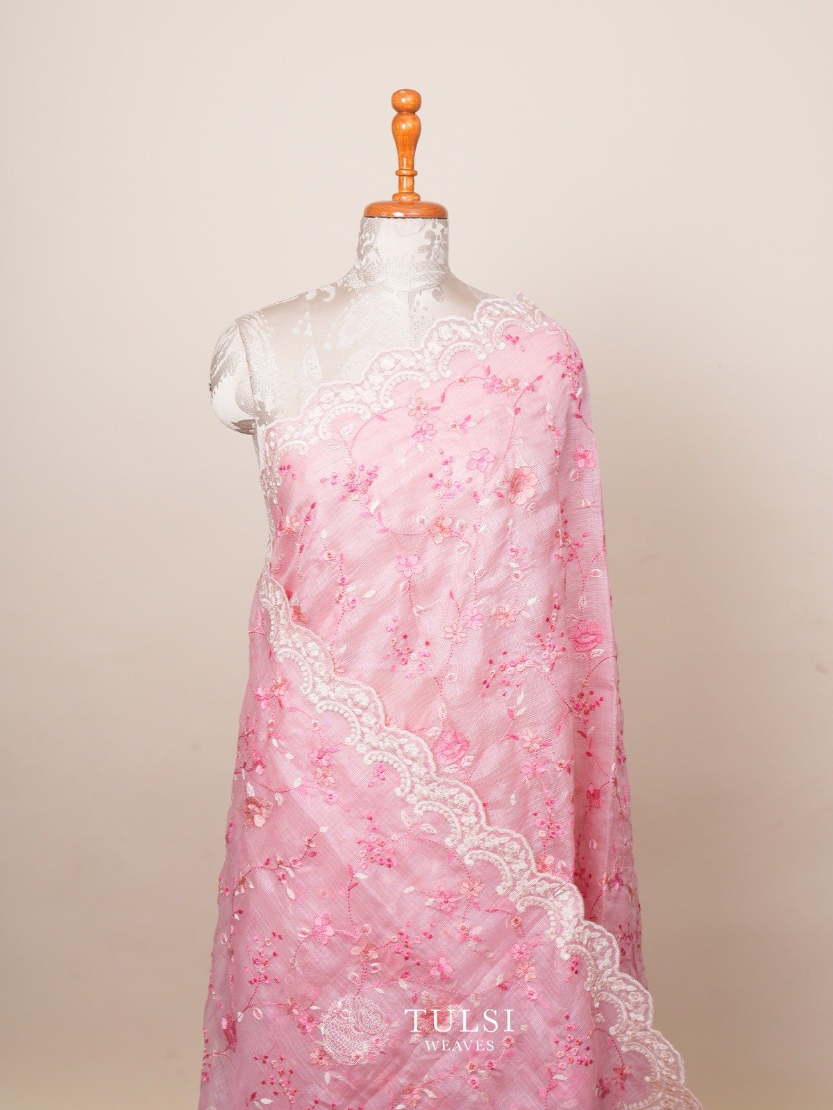 Baby Pink Kota Embroidered Silk Saree