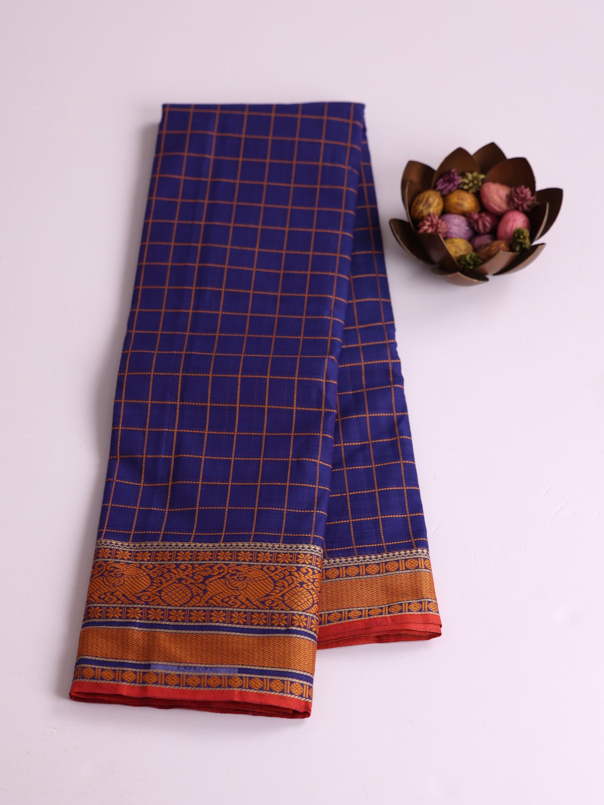 Blue Checked Kanchi Cotton Saree With Threadwork Border