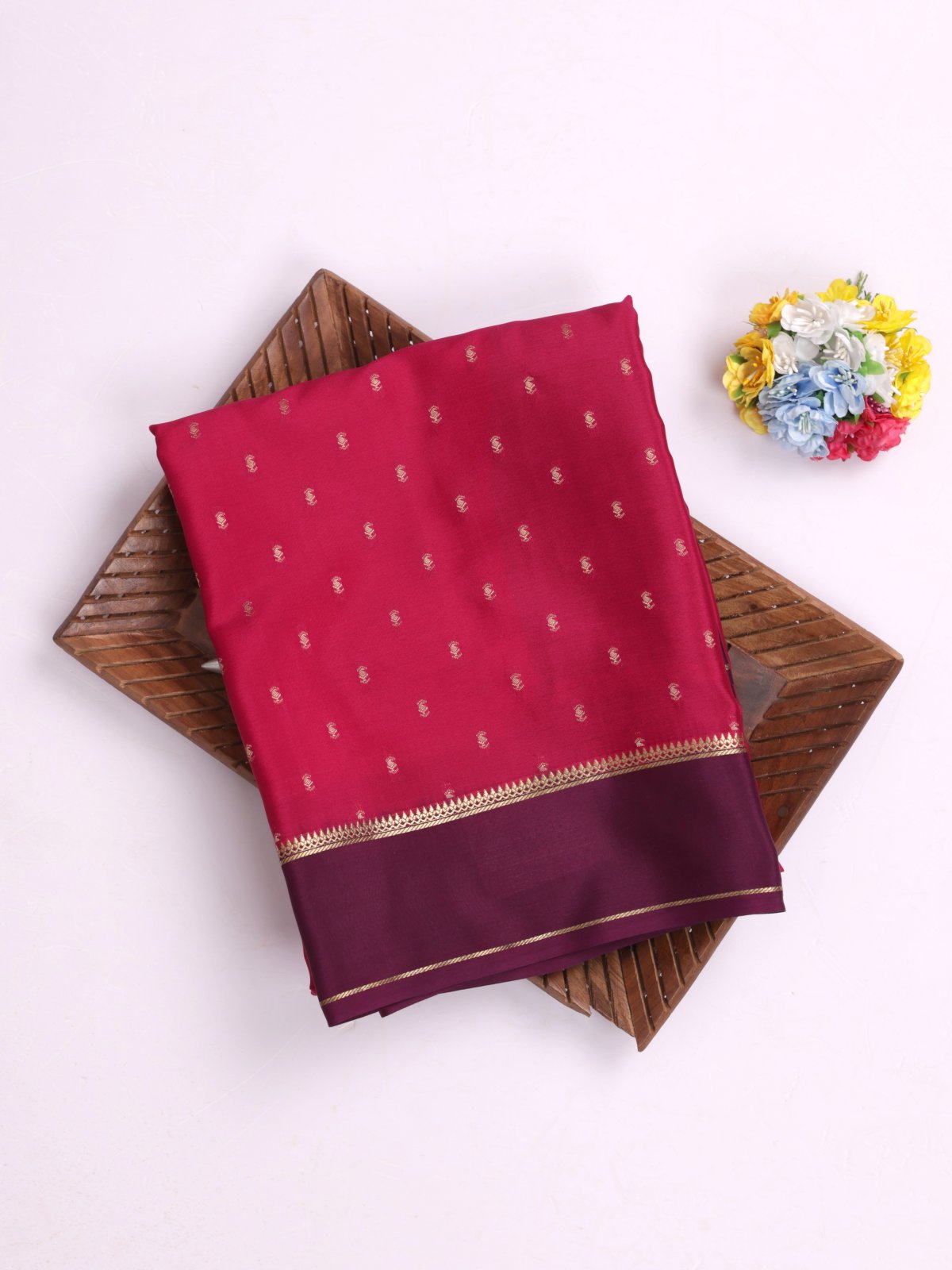 Dark Pink Mysore Silk Saree With Dark Purple Border