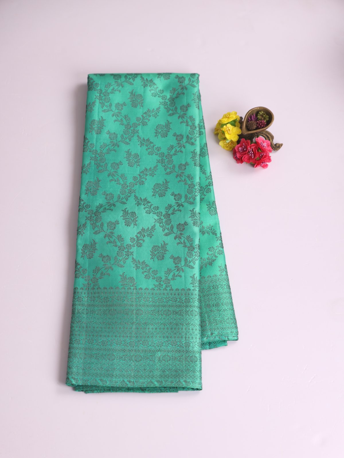 Light Bluish Green Kanjeevaram Silk Saree With Antique Zari
