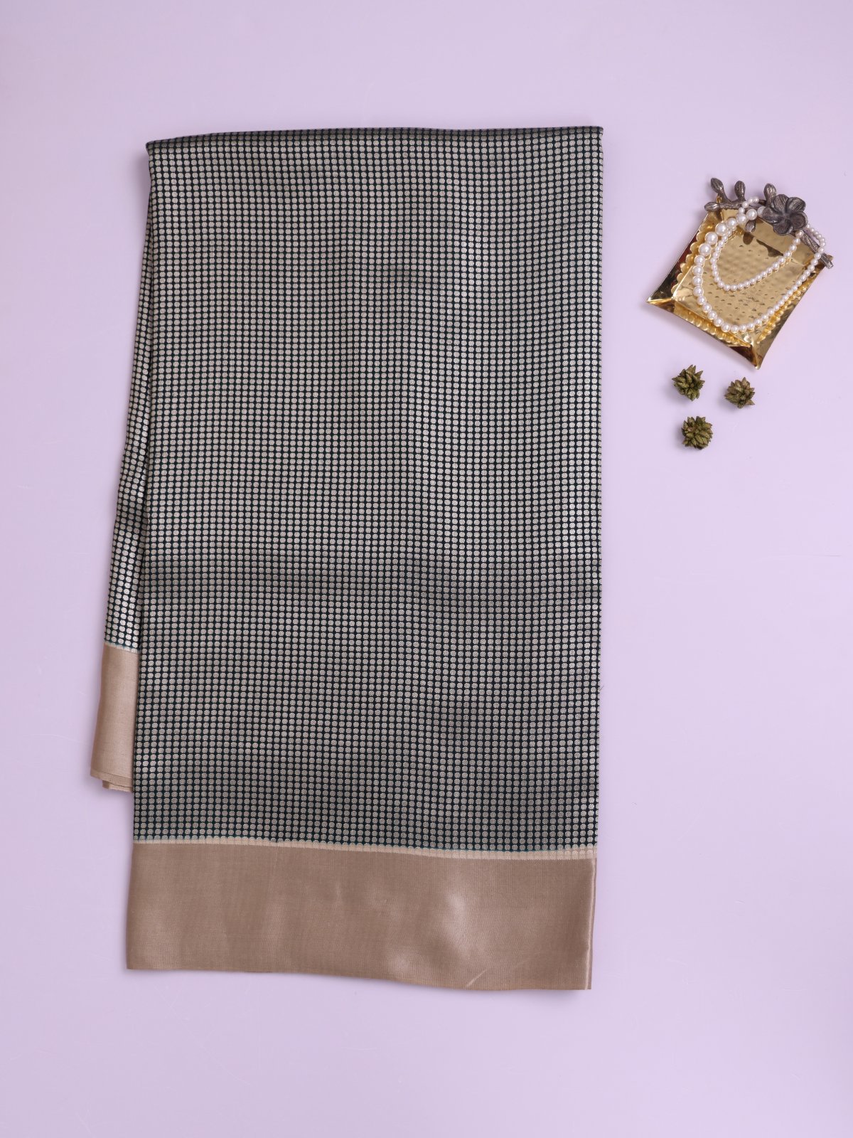 Blackish Green Banaras Tussar Silk Saree with Beige Satin Border