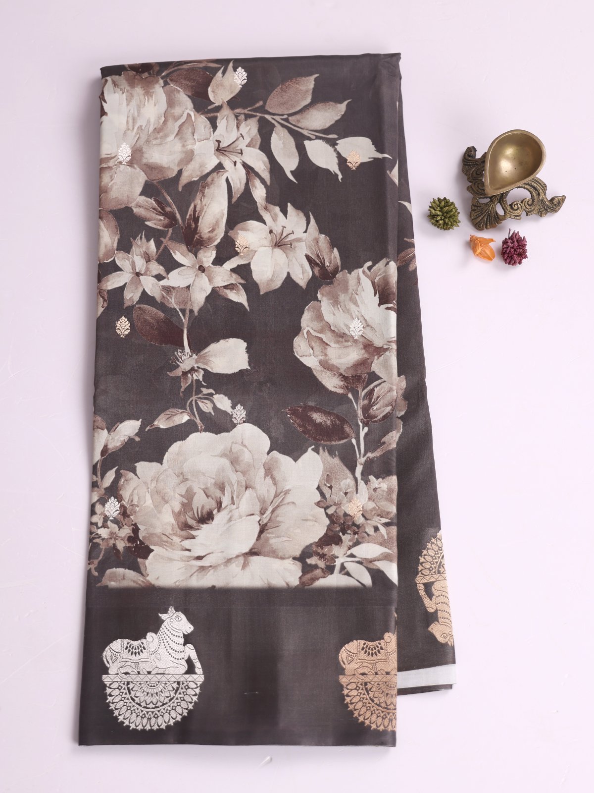 Grey Printed Mashru Silk Saree With Satin Border