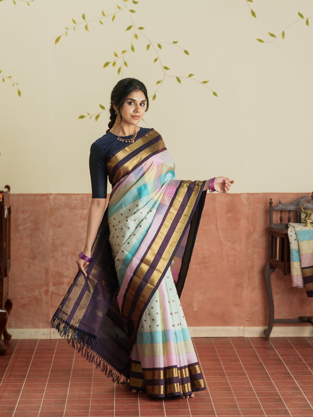 Vintage 89 - Multi Color Checked Kanjeevaram Silk Saree With Purplish Brown Border