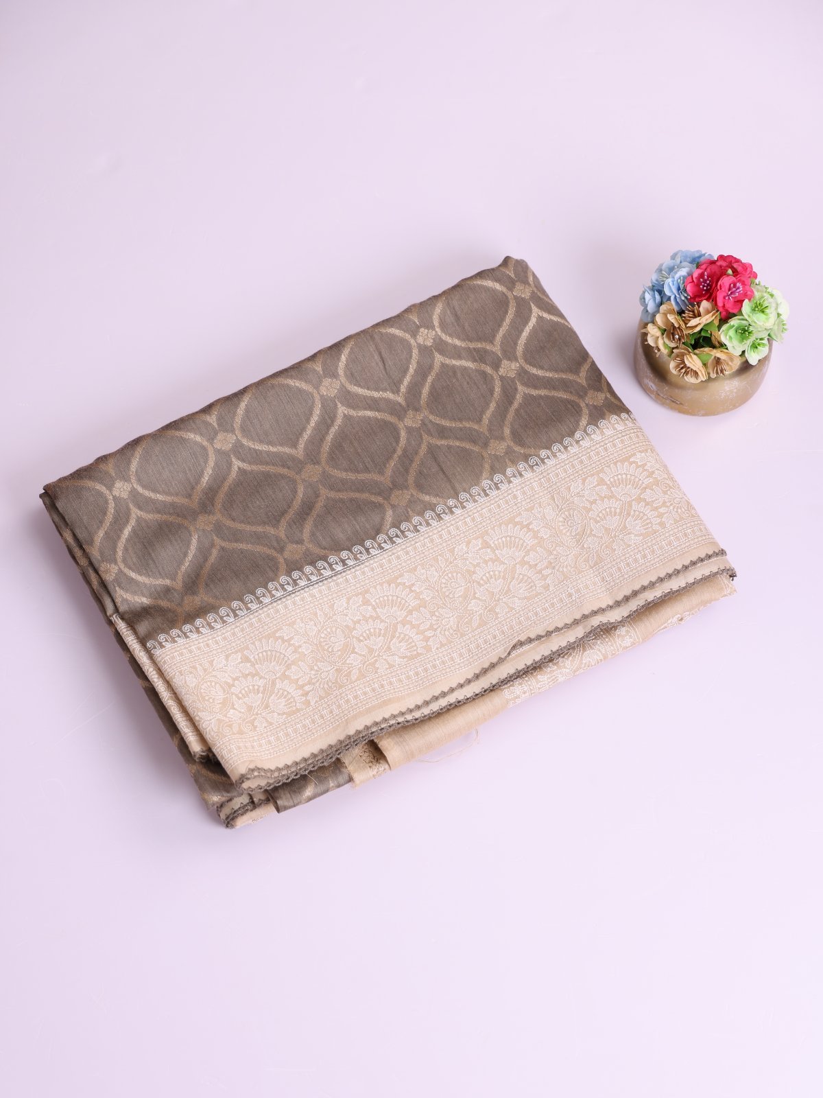 Grayish Brown Munga Tussar Silk Saree With Beige Embroidery Border