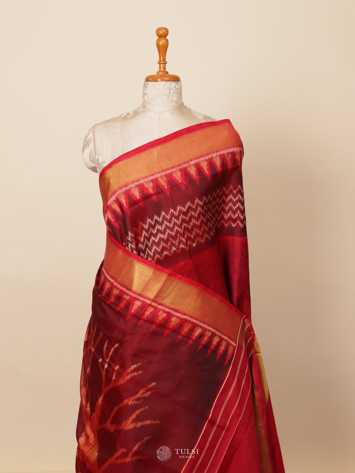 Maroon Ikat Silk Saree With Golden Border
