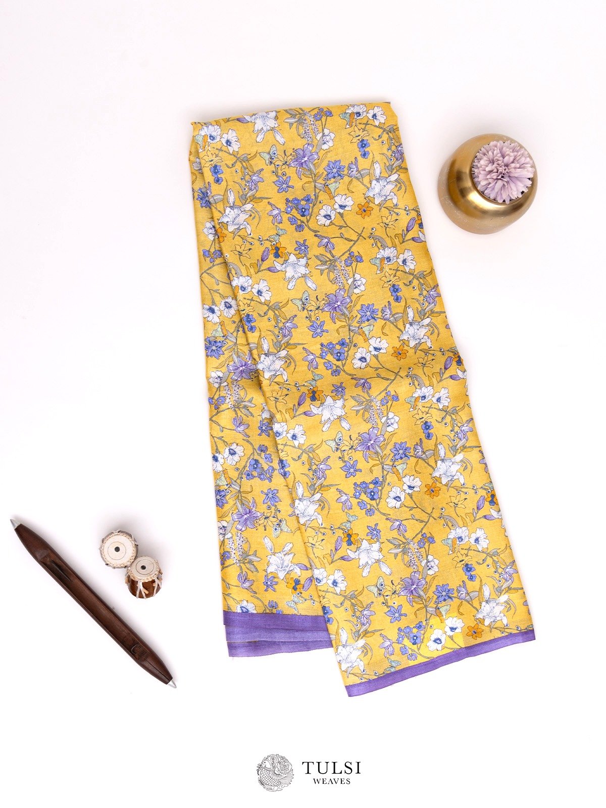 Yellow Printed Tussar Silk Saree