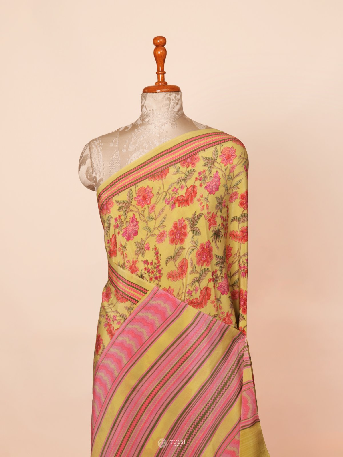 Yellow Floral Printed Crepe Silk Saree