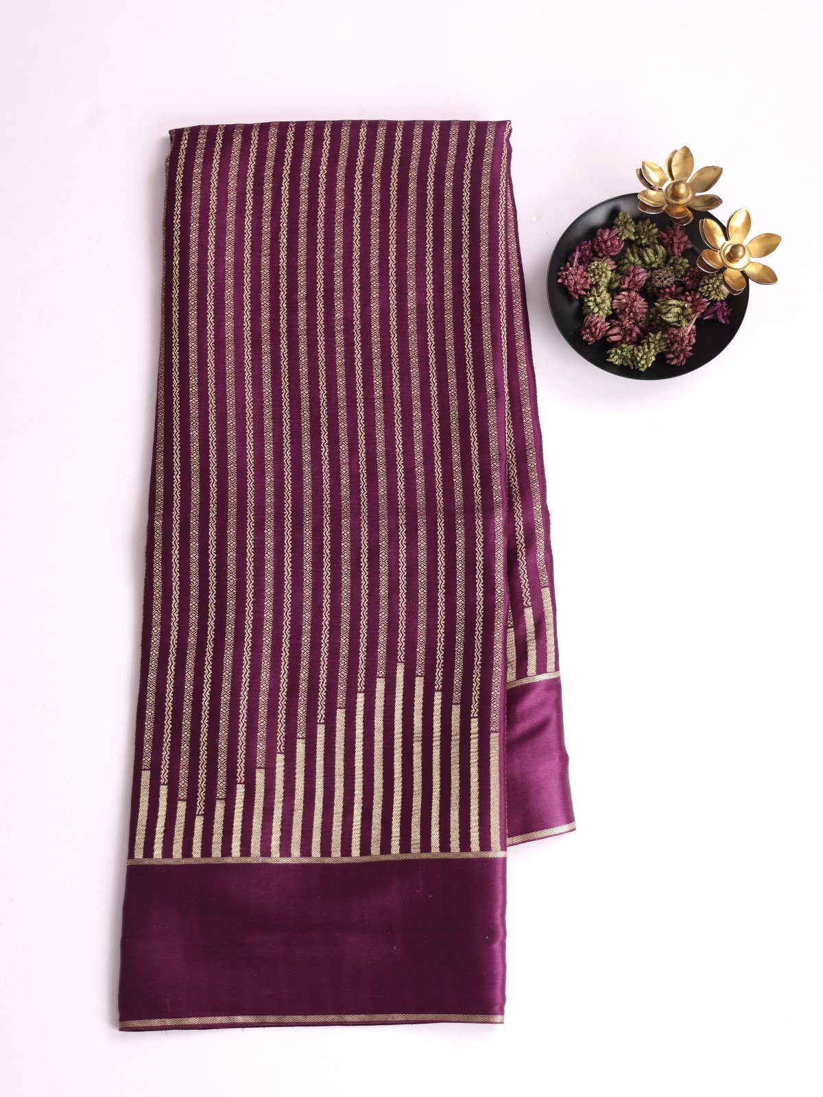 Dark Purple Zari Striped Mysore Silk Saree With Satin Border 