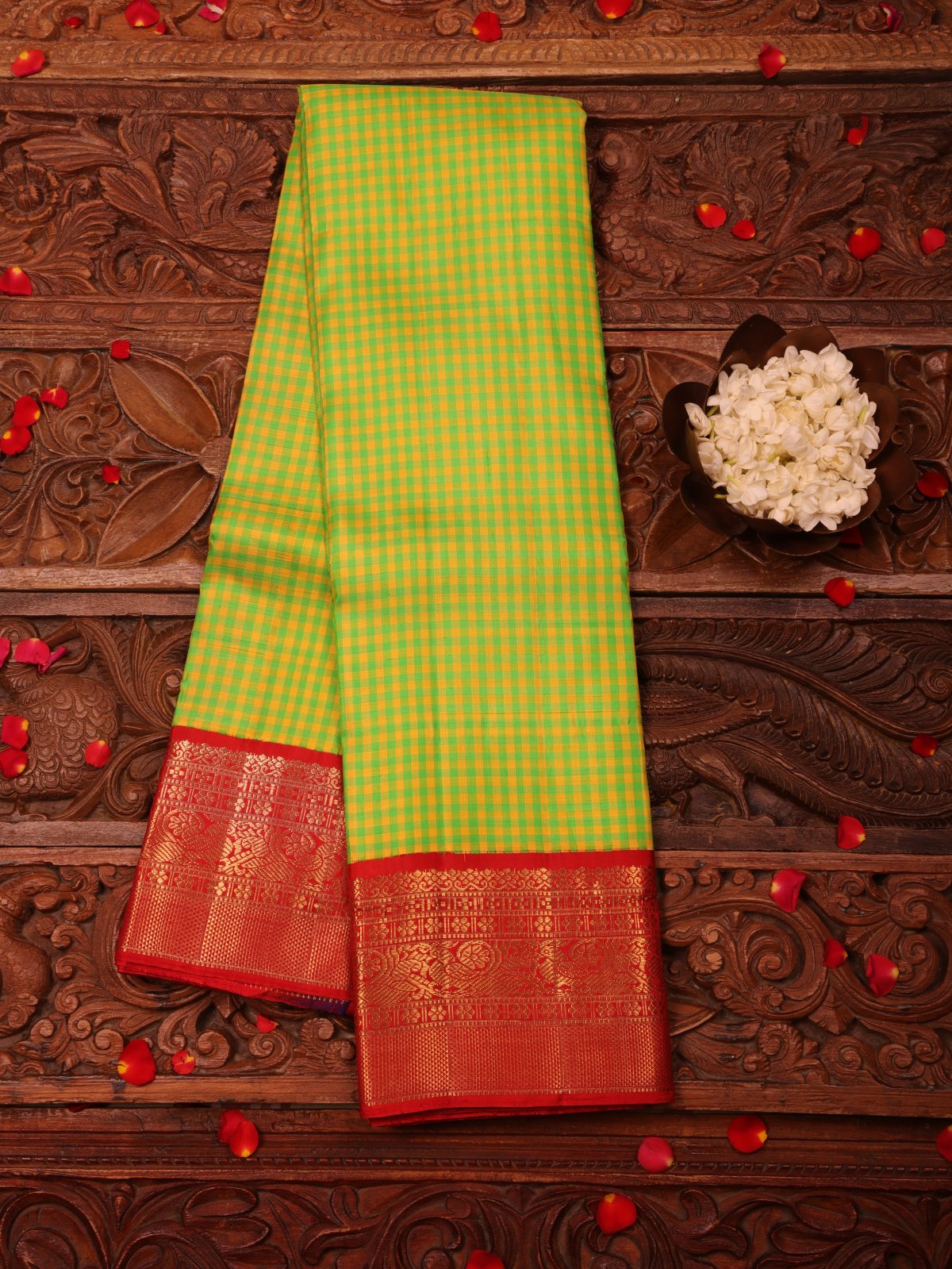 Multicolour Kanjeevaram Silk Saree With Orange Zari Border