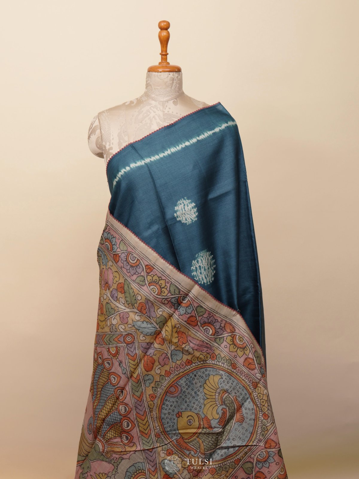 Teal Blue Shibori Tussar Silk Saree