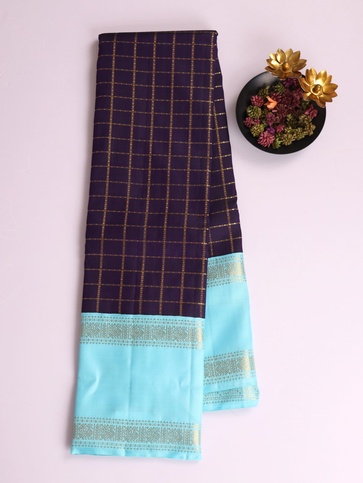Dark Violet Zari Checked Kanjeevaram Silk Saree With Light Blue Border