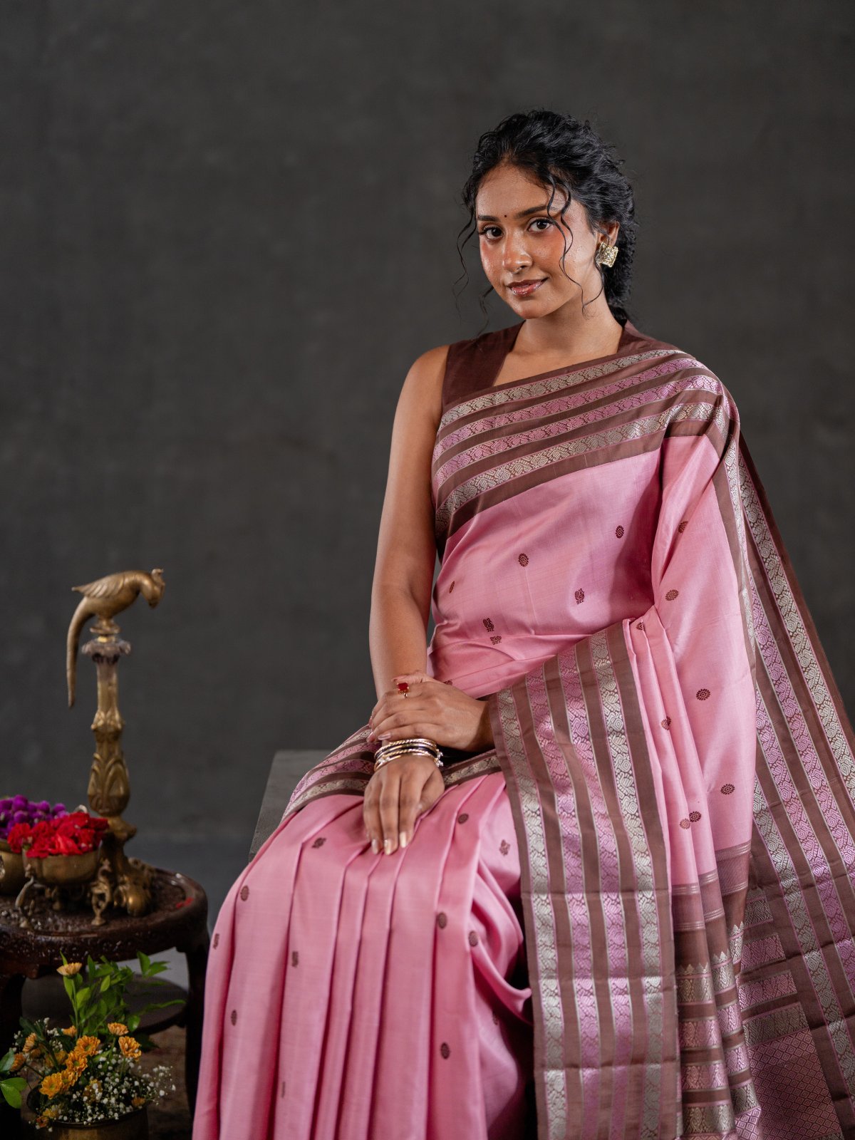 Crafted 38 - Dusty Pink Kanjeevaram Silk Saree With Brown Pattupettu Border