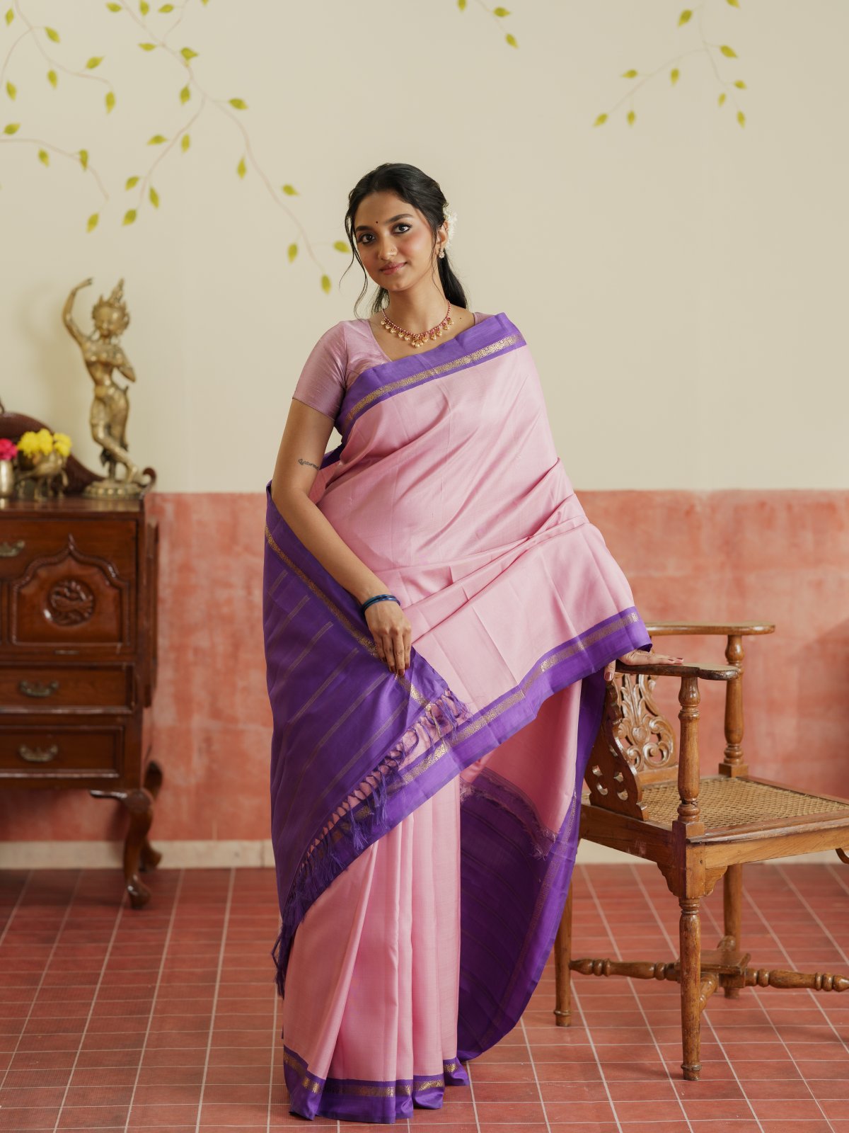 Vintage 96 - Pastel Pink Kanjeevaram Silk Saree With Light Purple Border
