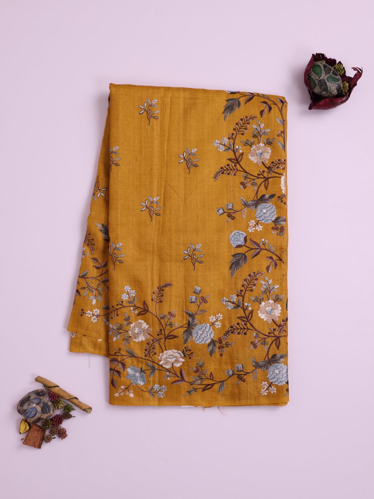 Mustard Yellow Embroidered Tussar Silk Saree