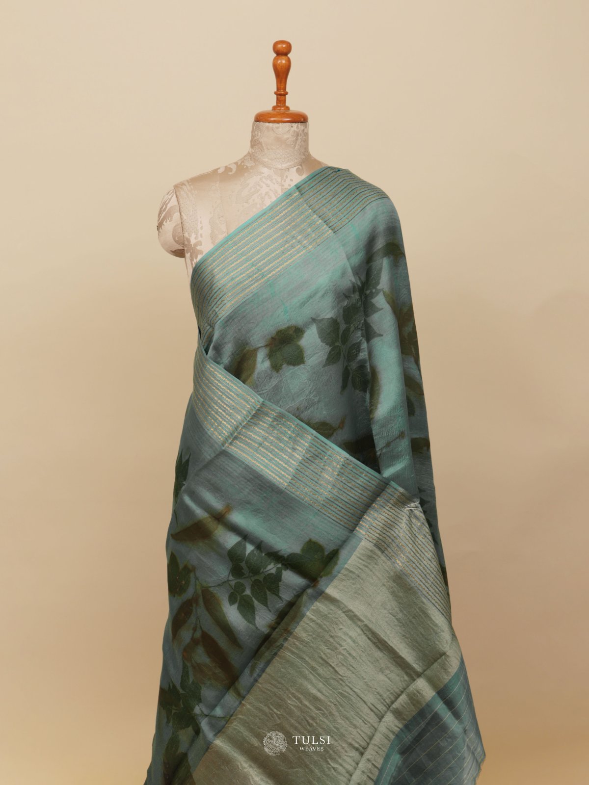 Blue Eco Print Silk Saree