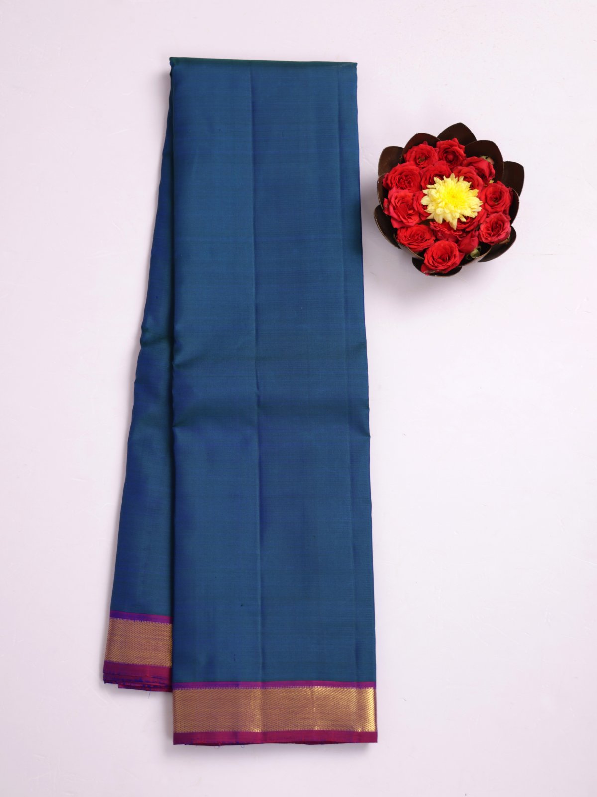 Peacock Blue Kanjeevaram Silk Saree With Purple Zari Border