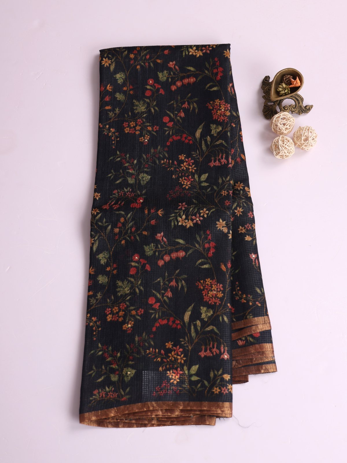 Black Printed Tussar Silk Saree