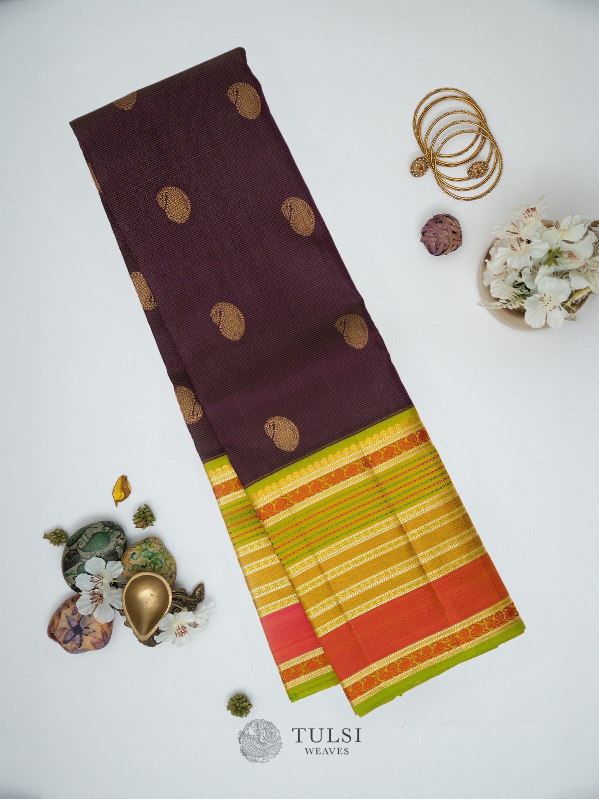 Deep Purple Kanchipuram Silk Saree with green border