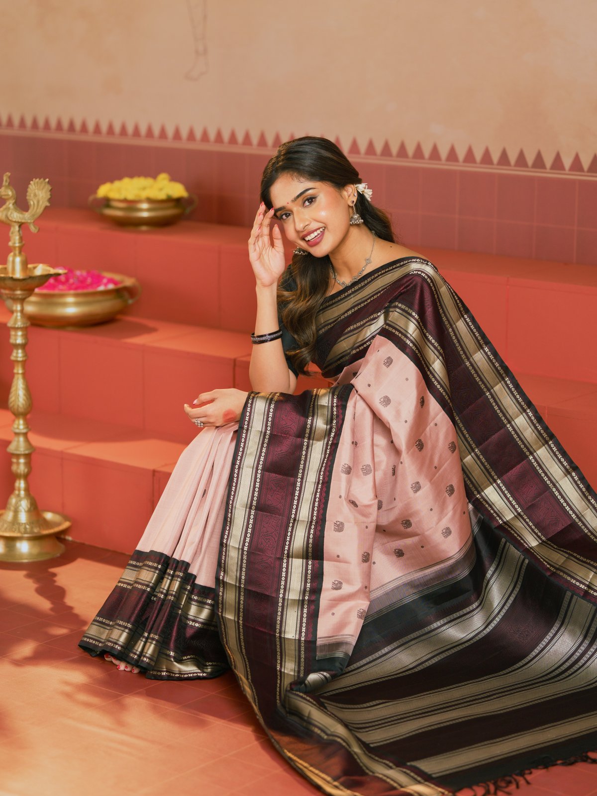 Crafted 30 - Dusty Pink Kanjeevaram Silk Saree With Black Pattupettu Border