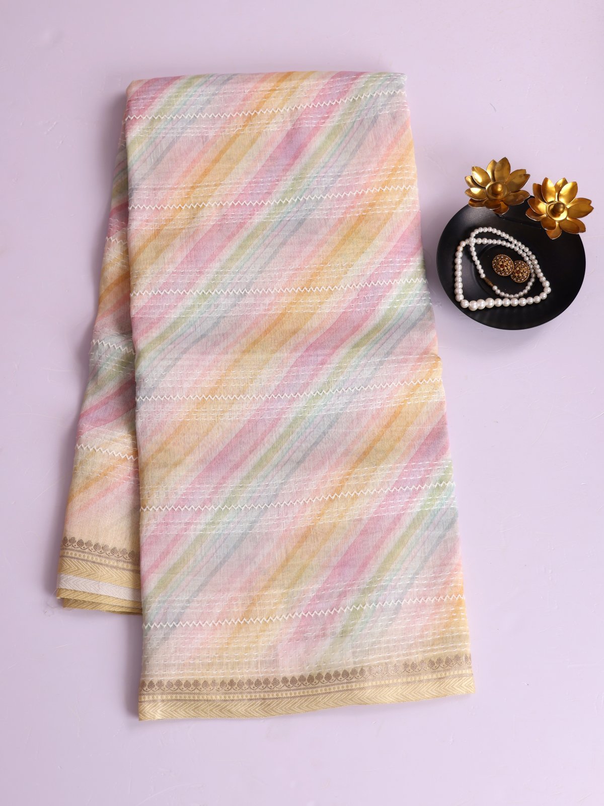 Multicolor Striped Printed Linen Saree With Embroidery