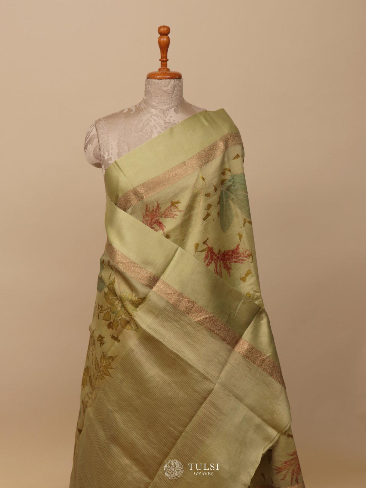 Pastel Green Eco Print Silk Saree With Satin Border