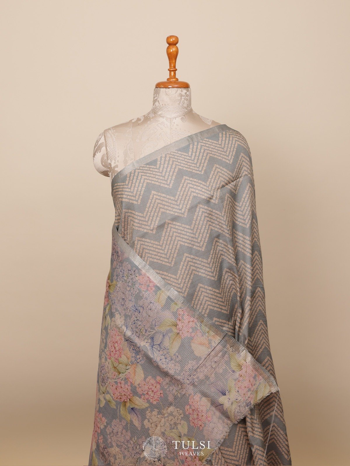 Grey Tussar Silk Saree with Bandhini Print