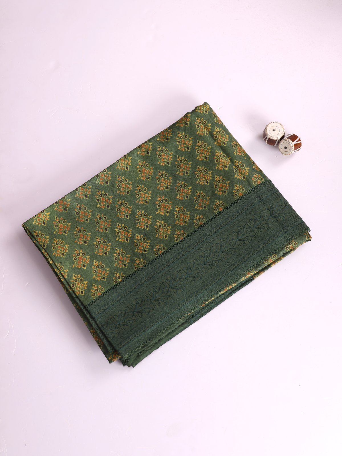 Olive Green Printed Munga Tussar Silk Saree With Embroidered Border