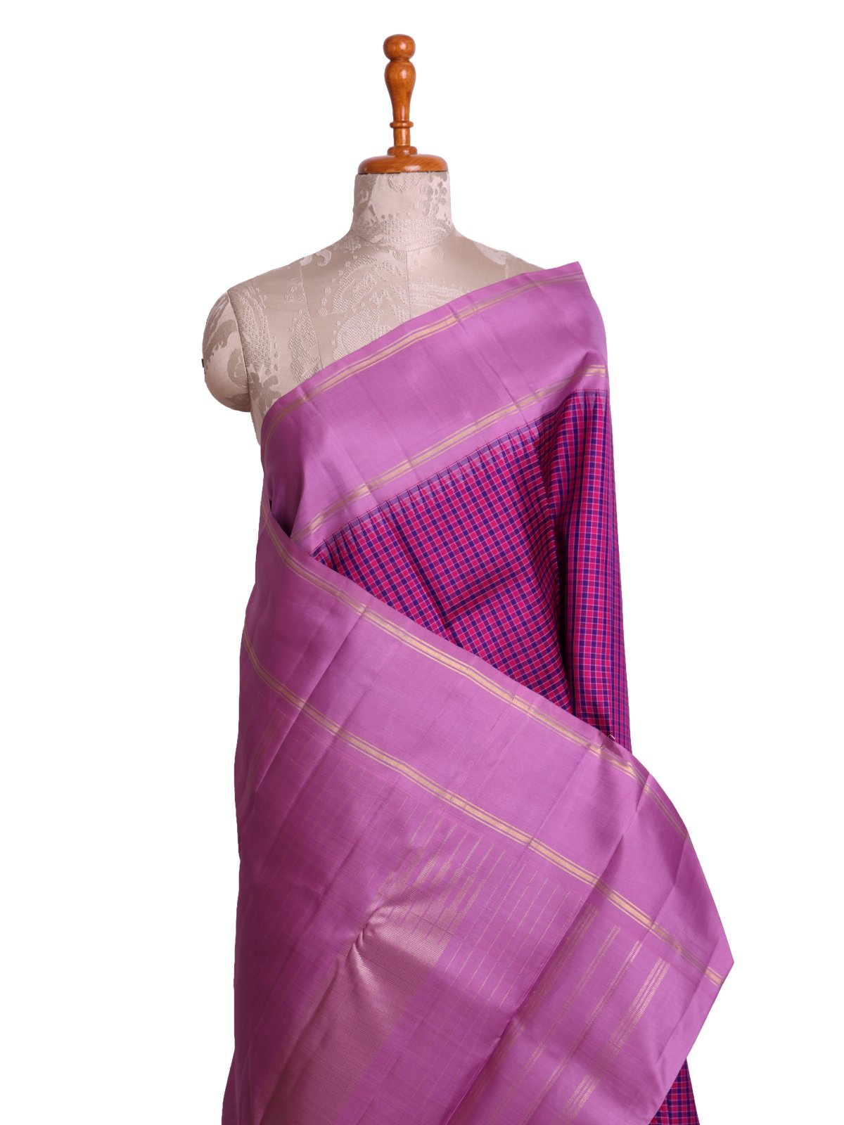 Dark Pink & Purple Checked Kanjeevaram Silk Saree with Pastel Pink Border