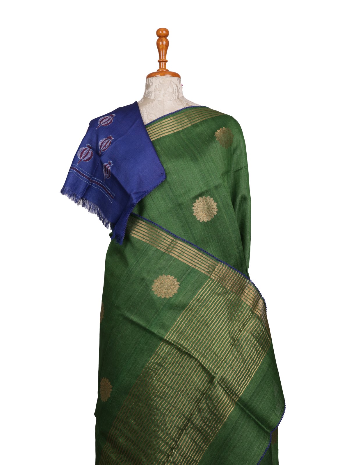 Green Tussar Silk Saree With Kantha Embroidery