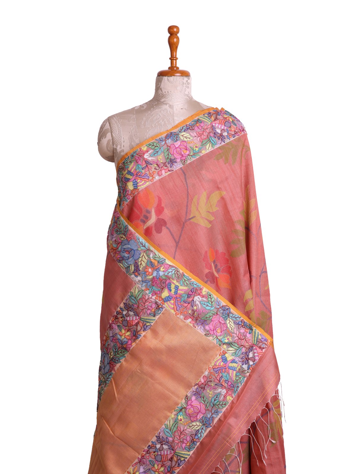Light Coral Kora Jamdani Silk Saree With Shadow Embroidered Border