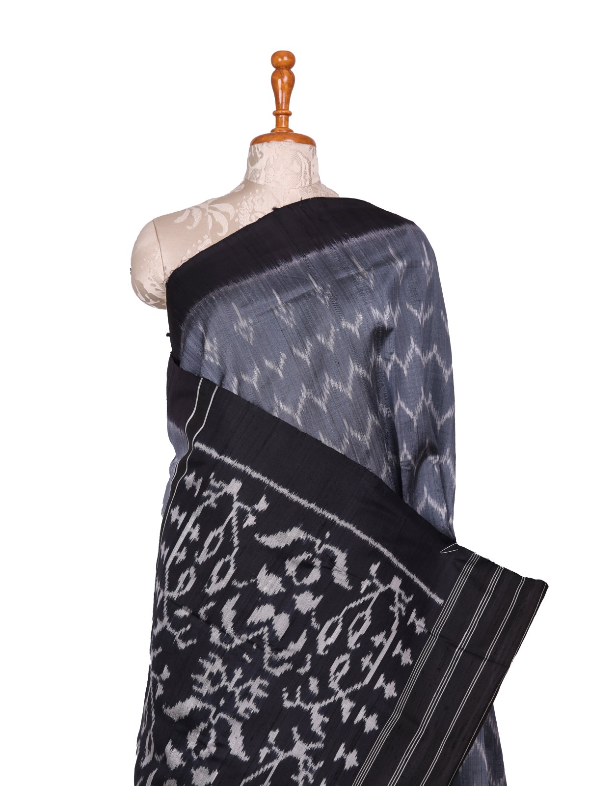 Grey Raw Silk Patola Saree With Black Border