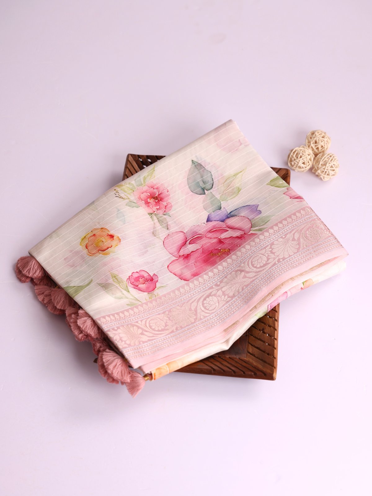 White Printed Chanderi Cotton Saree With Light Pink Zari Border