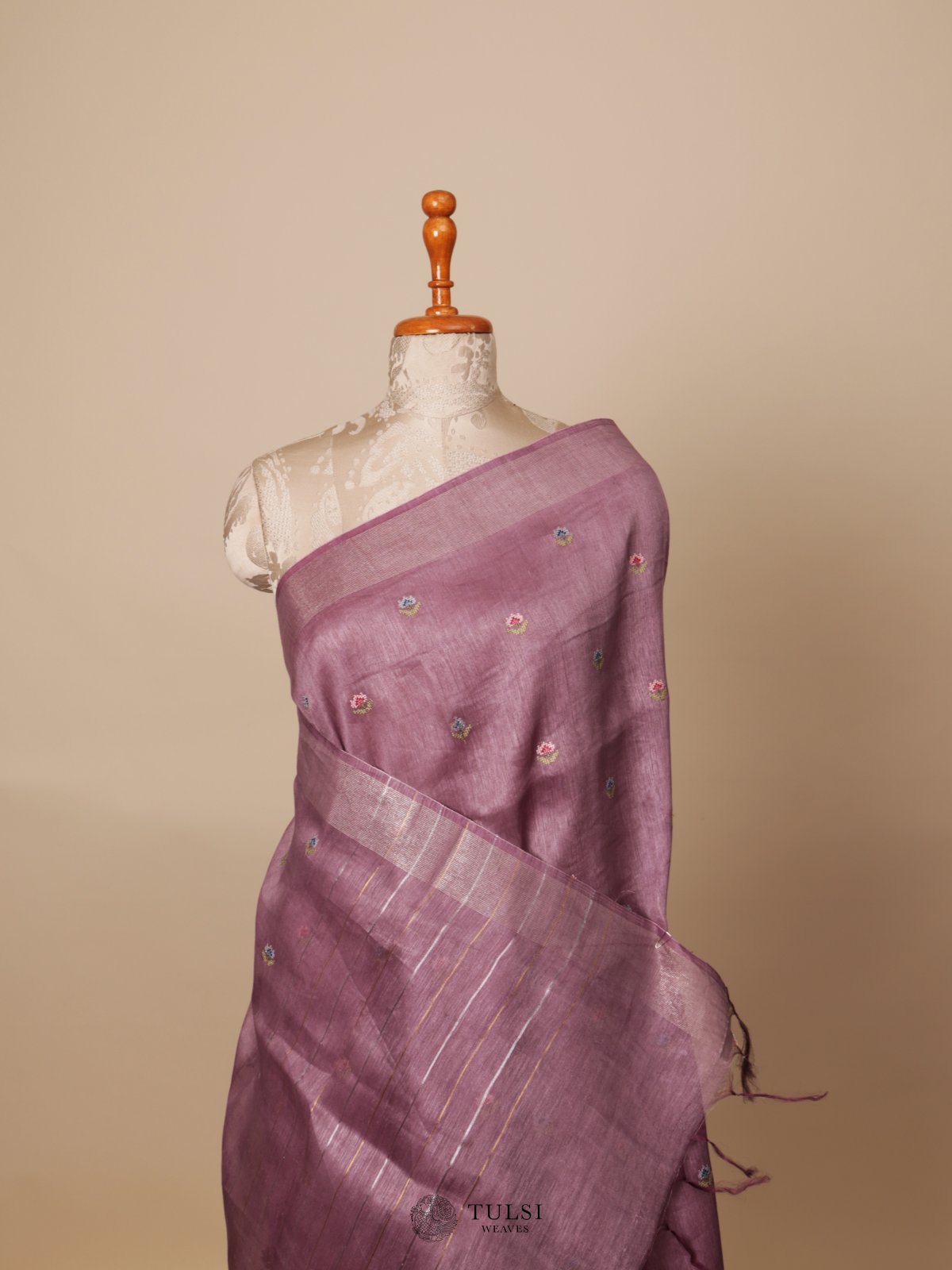 Dusty Purple Linen Saree With Embroidery