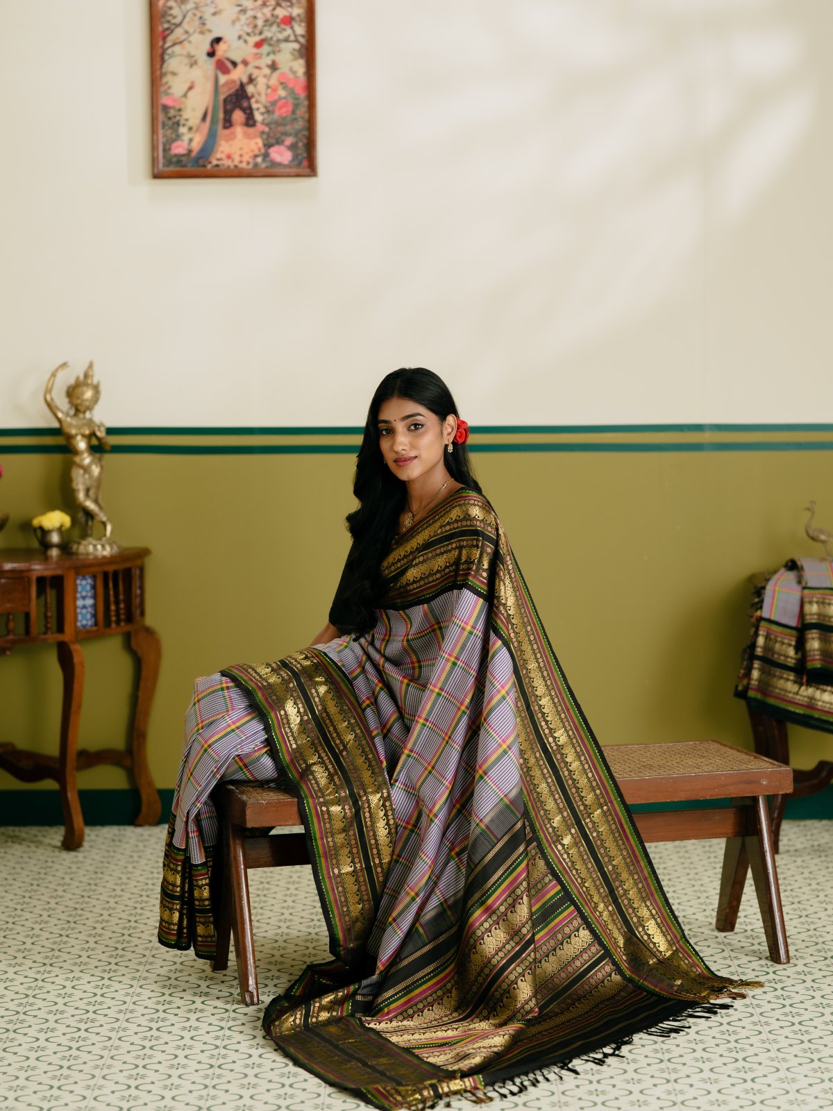 Vintage 50 - Multi Color Checked Kanjeevaram Silk Saree With Black Border