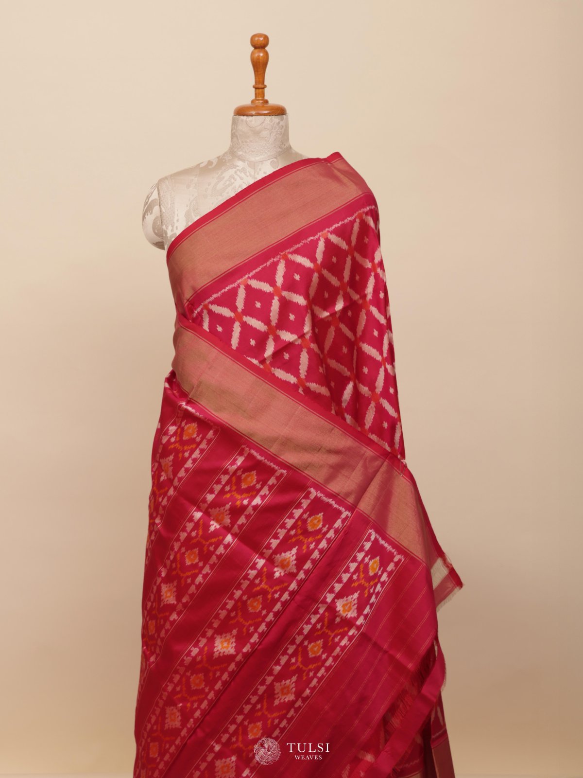 Reddish Pink Ikat Silk Saree